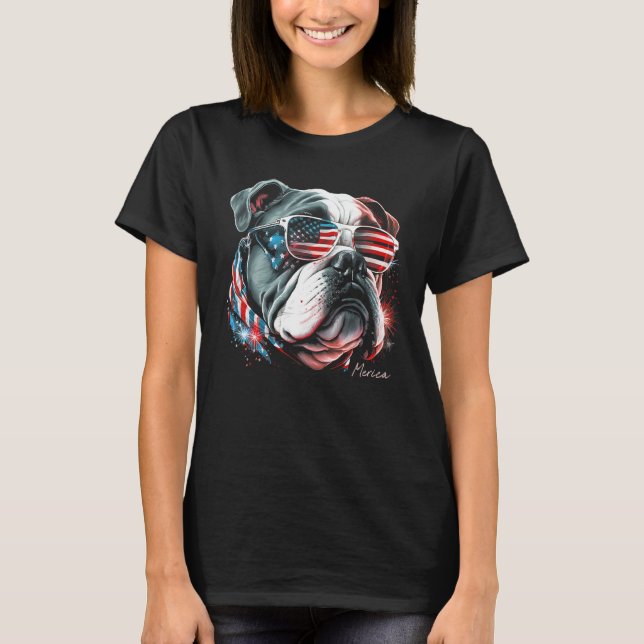 Camiseta English Bulldog Dog 4th of July American Flag USA  (Anverso)