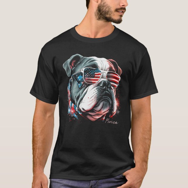Camiseta English Bulldog Dog 4th of July American Flag USA  (Anverso)