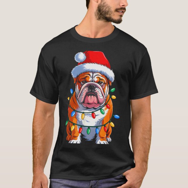 Camiseta English Bulldog Dog Christmas Lights Santa Hat Xma (Anverso)
