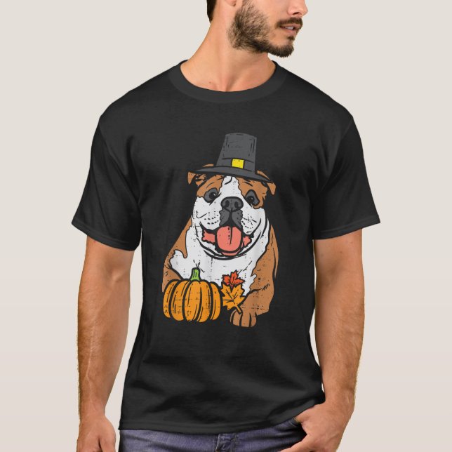 Camiseta English Bulldog Pumpkin Leaf Thanksgiving Fall Hal (Anverso)