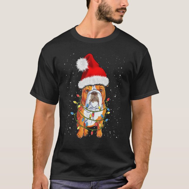 Camiseta English Bulldog Santa Christmas Tree Lights Xmas   (Anverso)