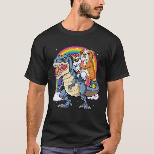 Camiseta English Bulldog Unicorn Riding Dinosaur rex  Men W (Anverso)