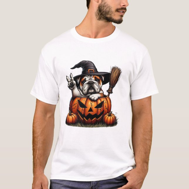 Camiseta English Bulldog Witch Pumpkin (Anverso)