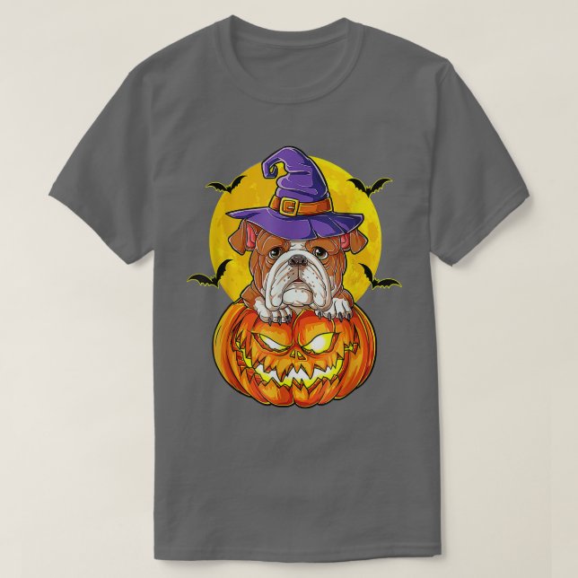 Camiseta English Bulldog Witch Pumpkin Halloween Girls Wome (Diseño del anverso)