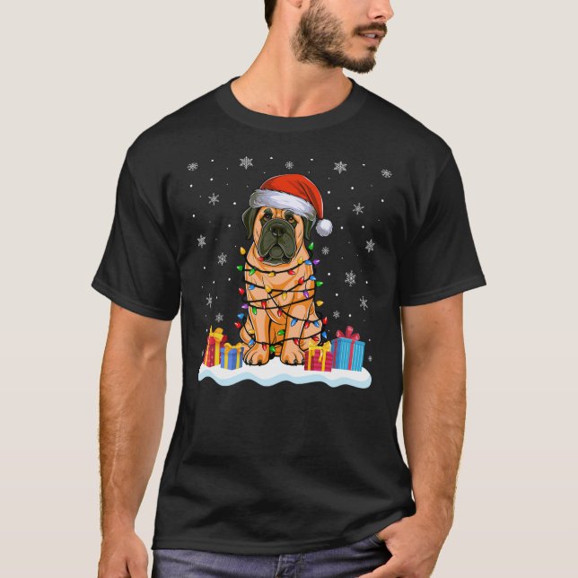 Camiseta English Mastiff Dog Santa Hat Christmas Tree Light (Anverso)