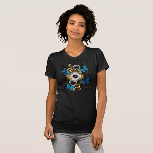 Camiseta Engranajes Steampunk y mariposas azules (Anverso completo)