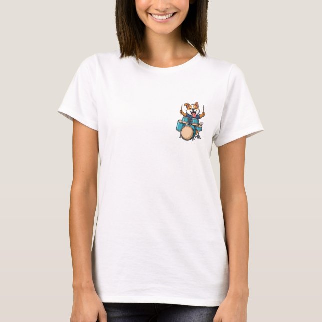 Camiseta Enthusiastic Corgi Dog Drummer Playing Blue Drum (Anverso)