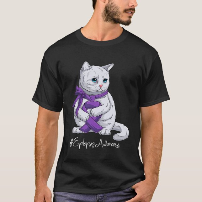 Camiseta Epilepsy Awareness Month Purple Ribbon Cat (Anverso)