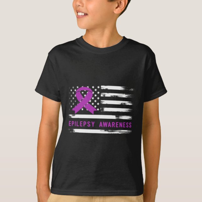 Camiseta Epilepsy Awarness American Flag Purple Ribbon  (Anverso)