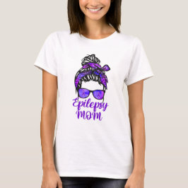 Camiseta Epilepsy Mom Messy Bun Hair Glasses Bandana Purple