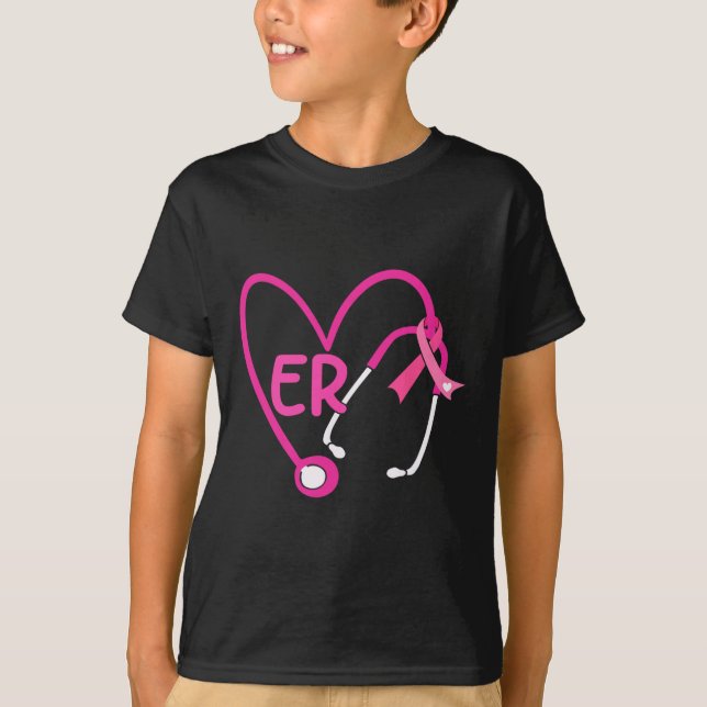 Camiseta Er Heart Stethoscope Cáncer De Mama De Cinta Rosa  (Anverso)