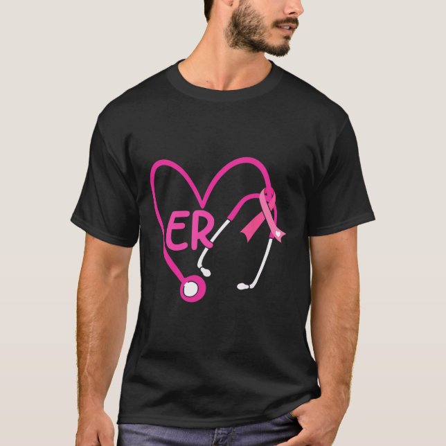 Camiseta Er Heart Stethoscope Cáncer De Mama De Cinta Rosa  (Anverso)