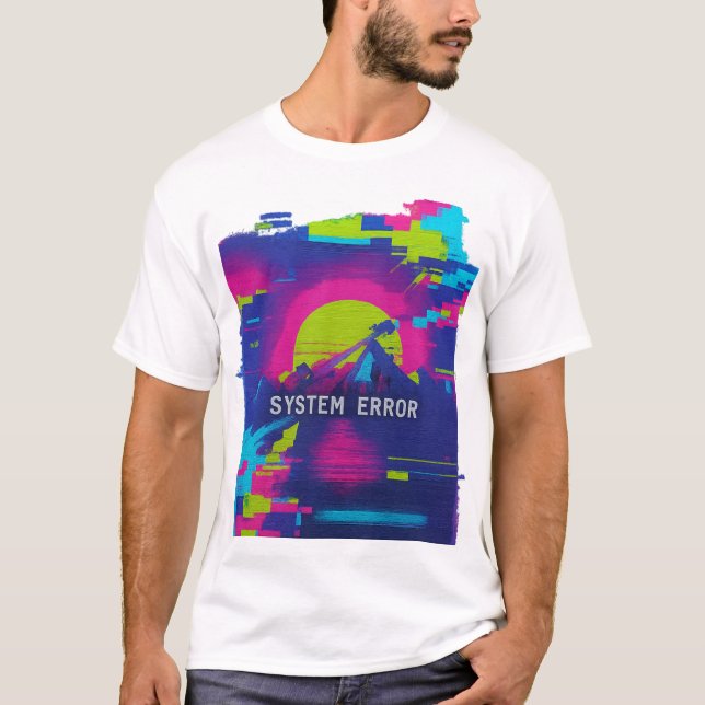 Camiseta ERROR DEL SISTEMA – Atardecer Montañas Glitch (Anverso)