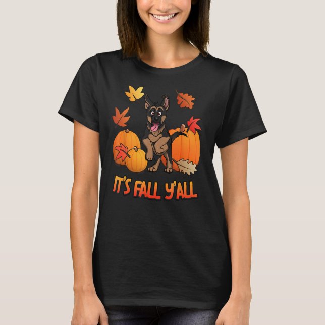 Camiseta Es Fall Y'all German Shepherd Puppy Pumpkin Edit (Anverso)