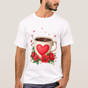 Camiseta Es hora del café con taza y corazones rojos