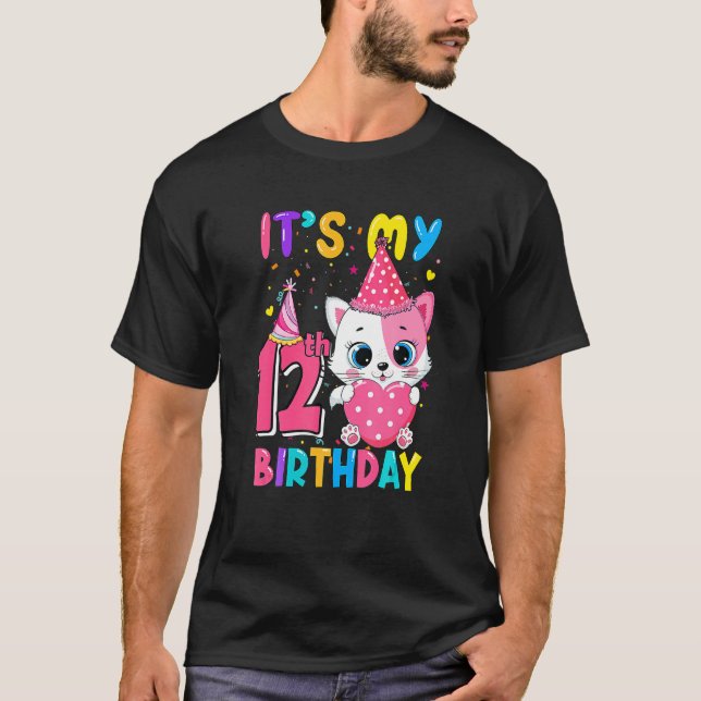 Camiseta Es mi 12h cumpleaños, Chica de gatos, cumpleaños,  (Anverso)