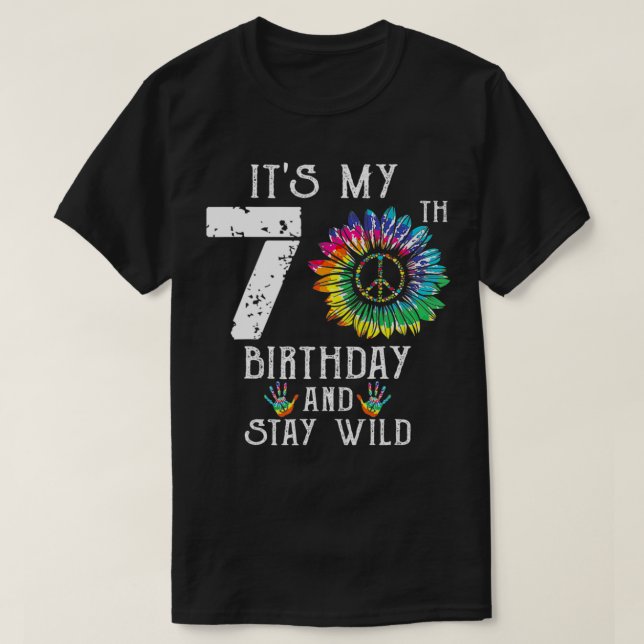 Camiseta Es mi 70 cumpleaños, hippie, seña de paz, tye de e (Diseño del anverso)