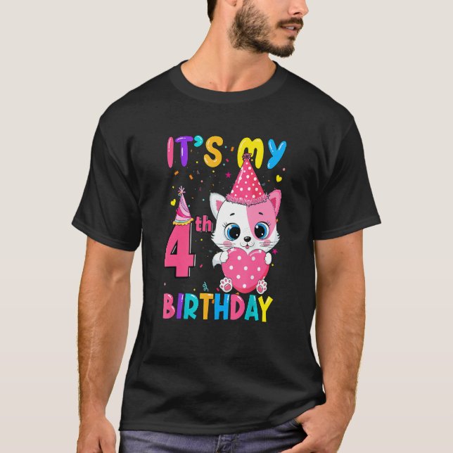 Camiseta Es mi cuarto cumpleaños, Chica, gato, cumpleaños,  (Anverso)