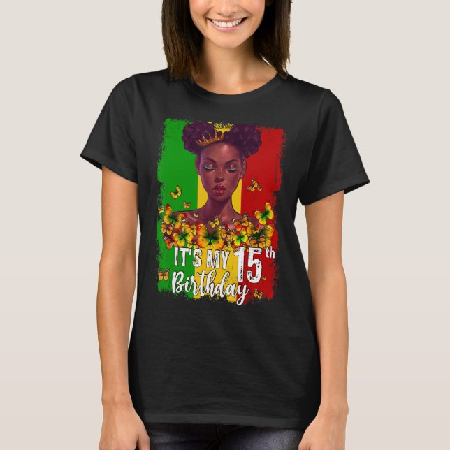 Camiseta Es mi cumpleaños número 15, Melanin negro de 15 añ (Anverso)