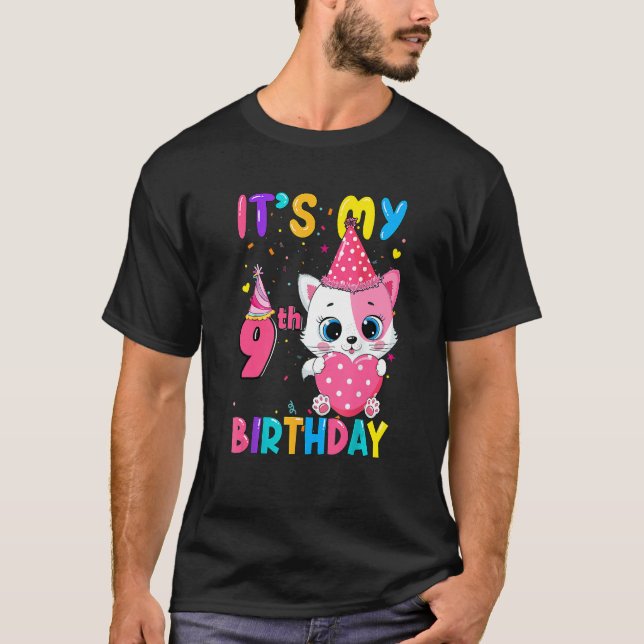 Camiseta Es mi noveno cumpleaños, Chica gata, cumpleaños, 9 (Anverso)