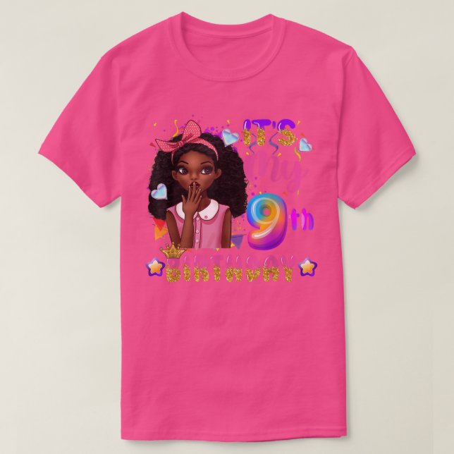 Camiseta Es mi noveno cumpleaños, Chicas negros niños adora (Diseño del anverso)