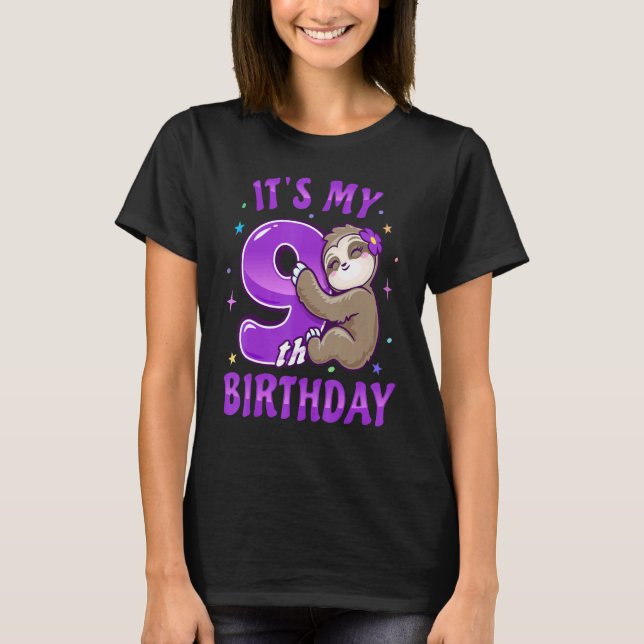 Camiseta Es Mi Noveno Cumpleaños Morado Esloth Chica Nueve  (Anverso)