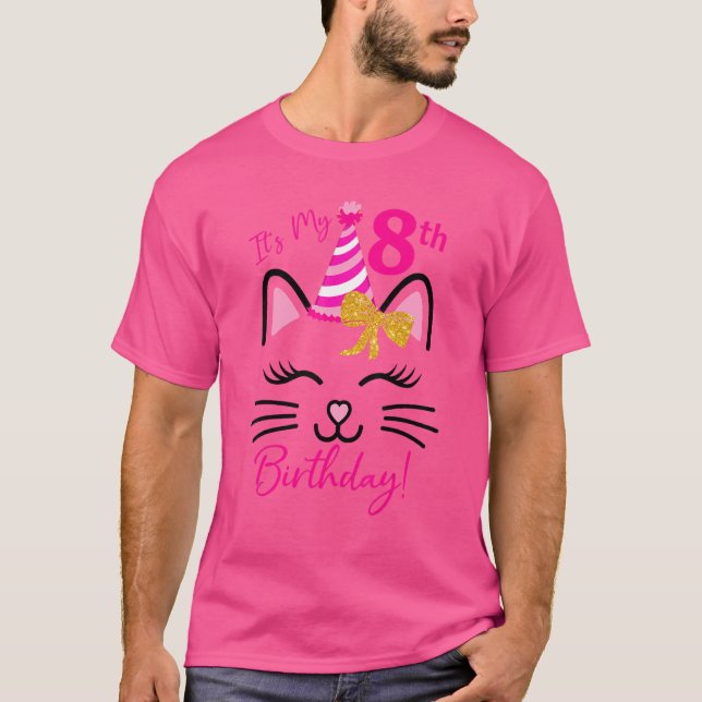 Camiseta Es mi octavo cumpleaños, Chica de gatos, cumpleaño (Anverso)