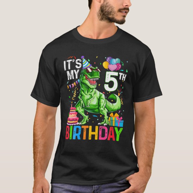 Camiseta Es mi quinto cumpleaños, dinosaurio T Rex Happy 5  (Anverso)