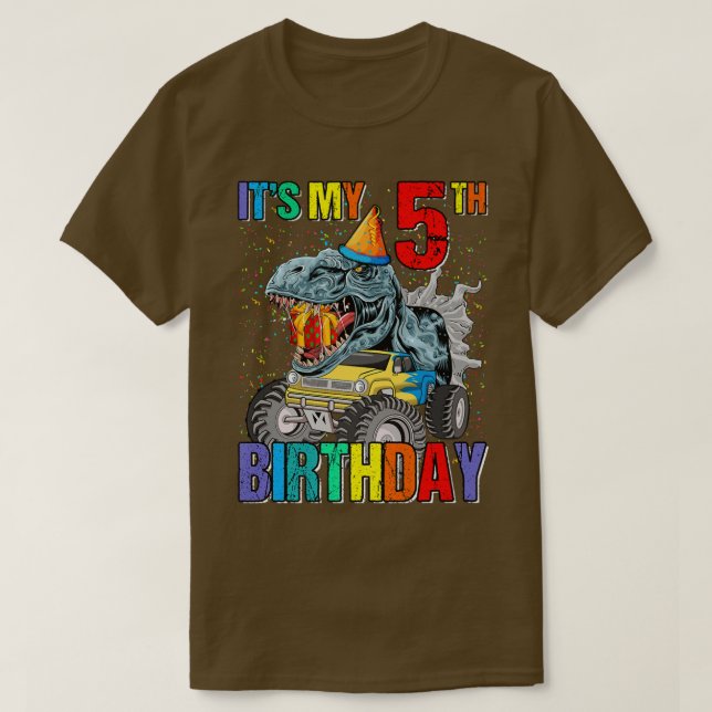 Camiseta Es mi quinto cumpleaños monstruo Camión Dinosaurio (Diseño del anverso)