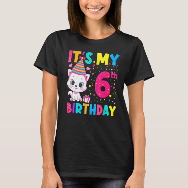 Camiseta Es mi sexto cumpleaños, Chica de gatos, cumpleaños (Anverso)