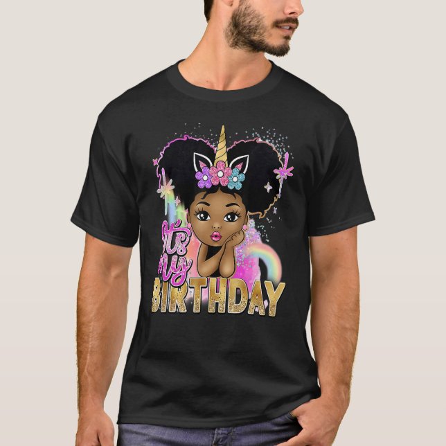 Camiseta Es mi tema de cumpleaños, unicornio, Melanin negro (Anverso)