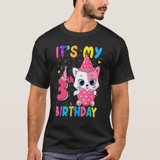 Camiseta Es mi tercer cumpleaños, Chica de gatos, cumpleaño (Anverso)