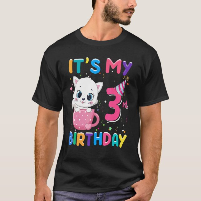 Camiseta Es mi tercer cumpleaños, Chica de gatos, cumpleaño (Anverso)