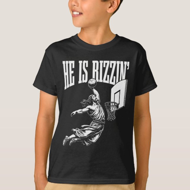 Camiseta Es Rizzin Divertido Meme Jesús de Baloncesto (Anverso)