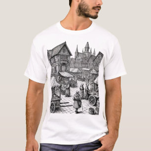 Camiseta Esbozo dibujado a mano en el mercado medieval