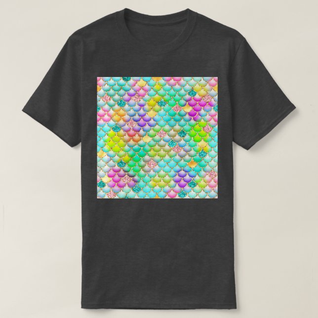 Camiseta Escala de cola de sirena multicolor con Purpurina  (Diseño del anverso)