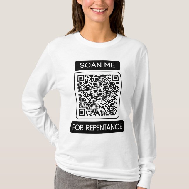 Camiseta Escanéame por arrepentimiento QR Código de larga d (Anverso)