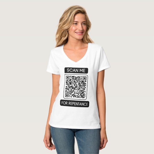 Camiseta Escaneo para arrepentimiento Código QR Cuello-V fe (Anverso completo)