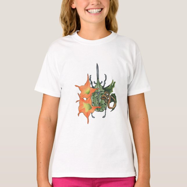 Camiseta Escarabajo verde con flores naranjas (Anverso)