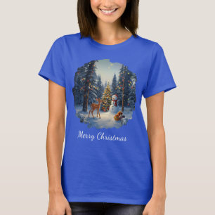 Camiseta Escena De Árbol De Navidad Cute Deer Fawn Snowman