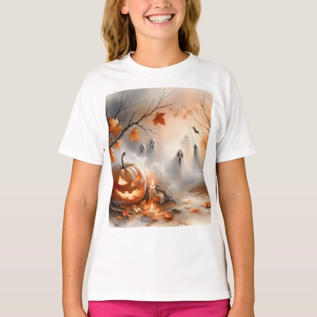 Camiseta Escena de Halloween caprichosa con calabaza y fant (Anverso)