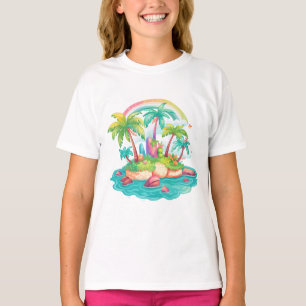 Camiseta Escena de Isla Tropical – Palmeras con Arcoíris