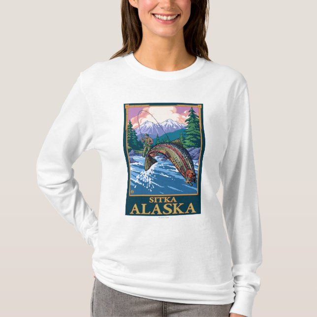 Camiseta Escena de la pesca con mosca - Sitka, Alaska (Anverso)