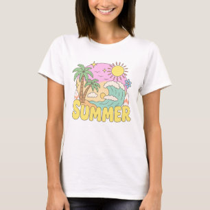 Camiseta Escena de playa veraniega retro con palmeras