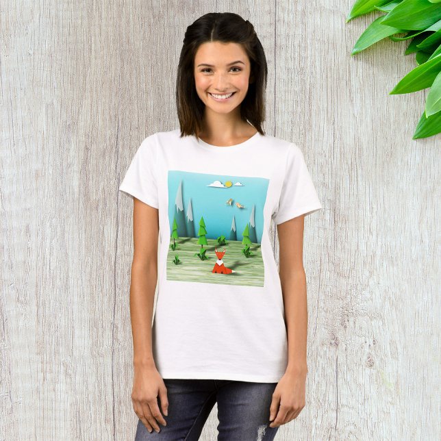 Camiseta Escena del bosque de Origami con montañas Fox y av (Subido por el creador)