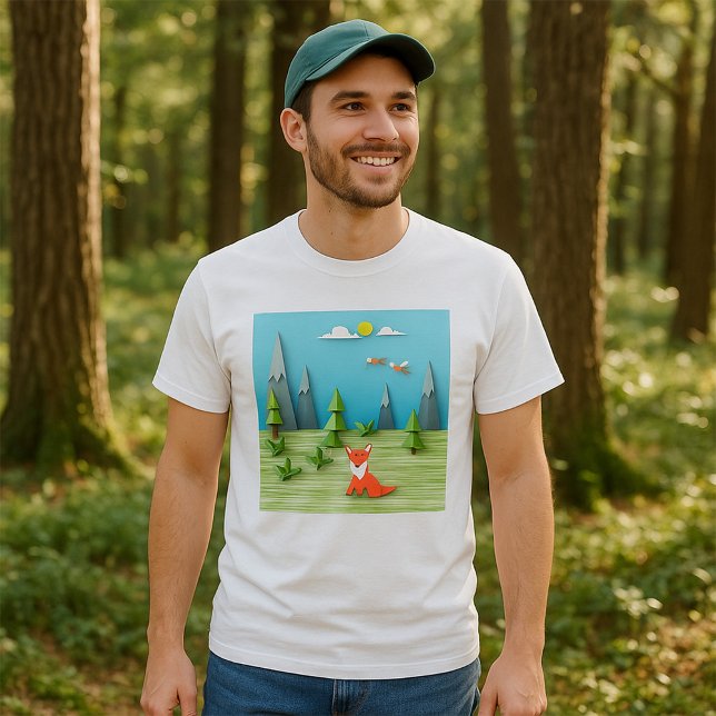 Camiseta Escena del bosque de Origami con montañas Fox y av (Subido por el creador)