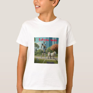Camiseta escena futurista de un robot caminando con un perr