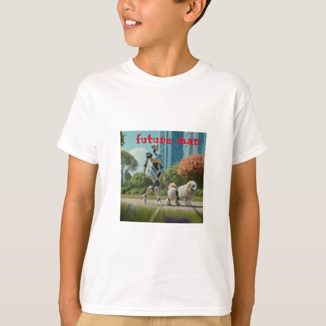 Camiseta escena futurista de un robot caminando con un perr (Anverso)