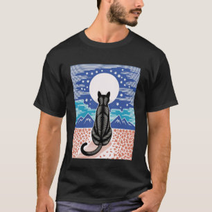Camiseta Escena nocturna de gato negro Flor de cerezo Luna