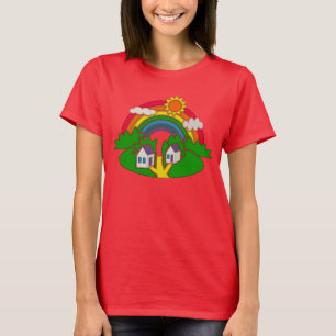 Camiseta Escena rural personalizado con arcoiris y casa de